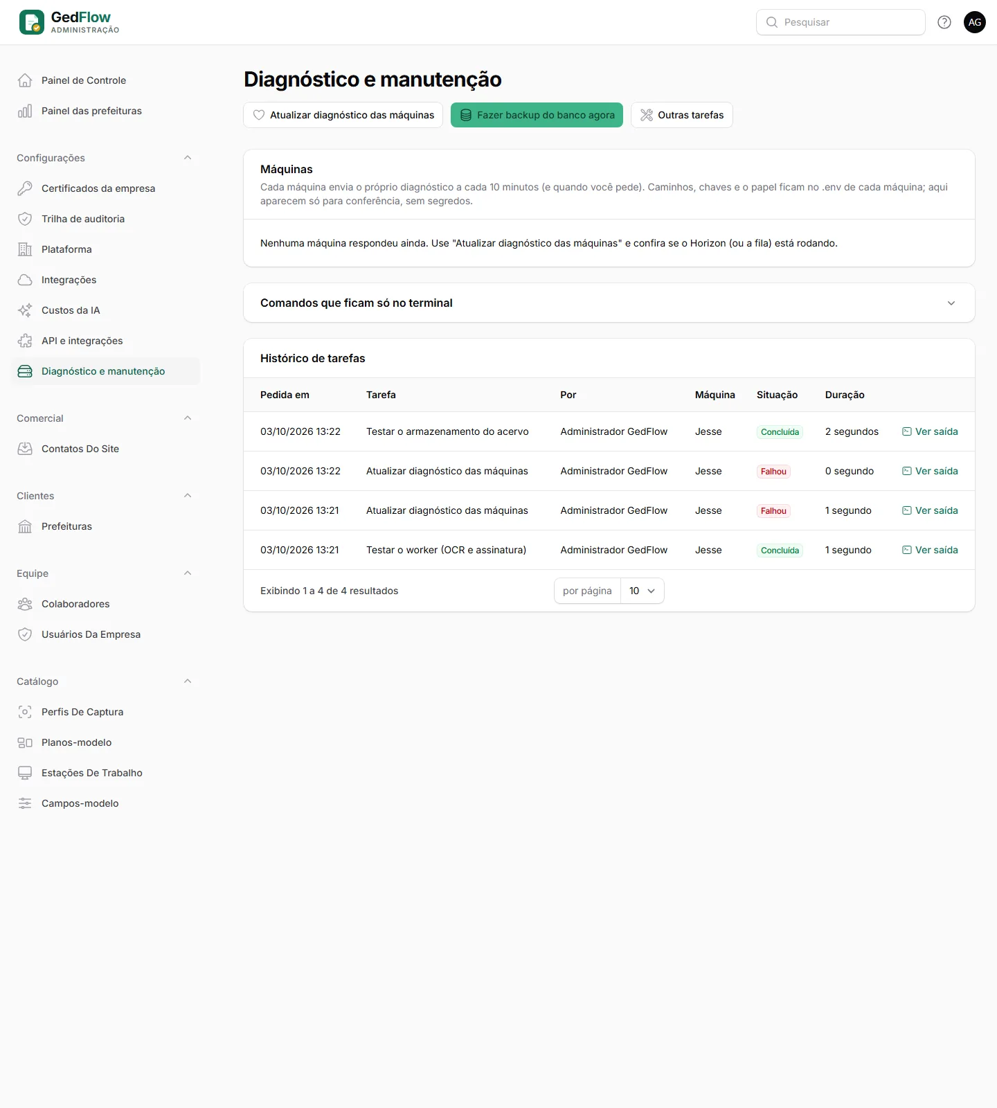 Diagnóstico das máquinas e tarefas de manutenção