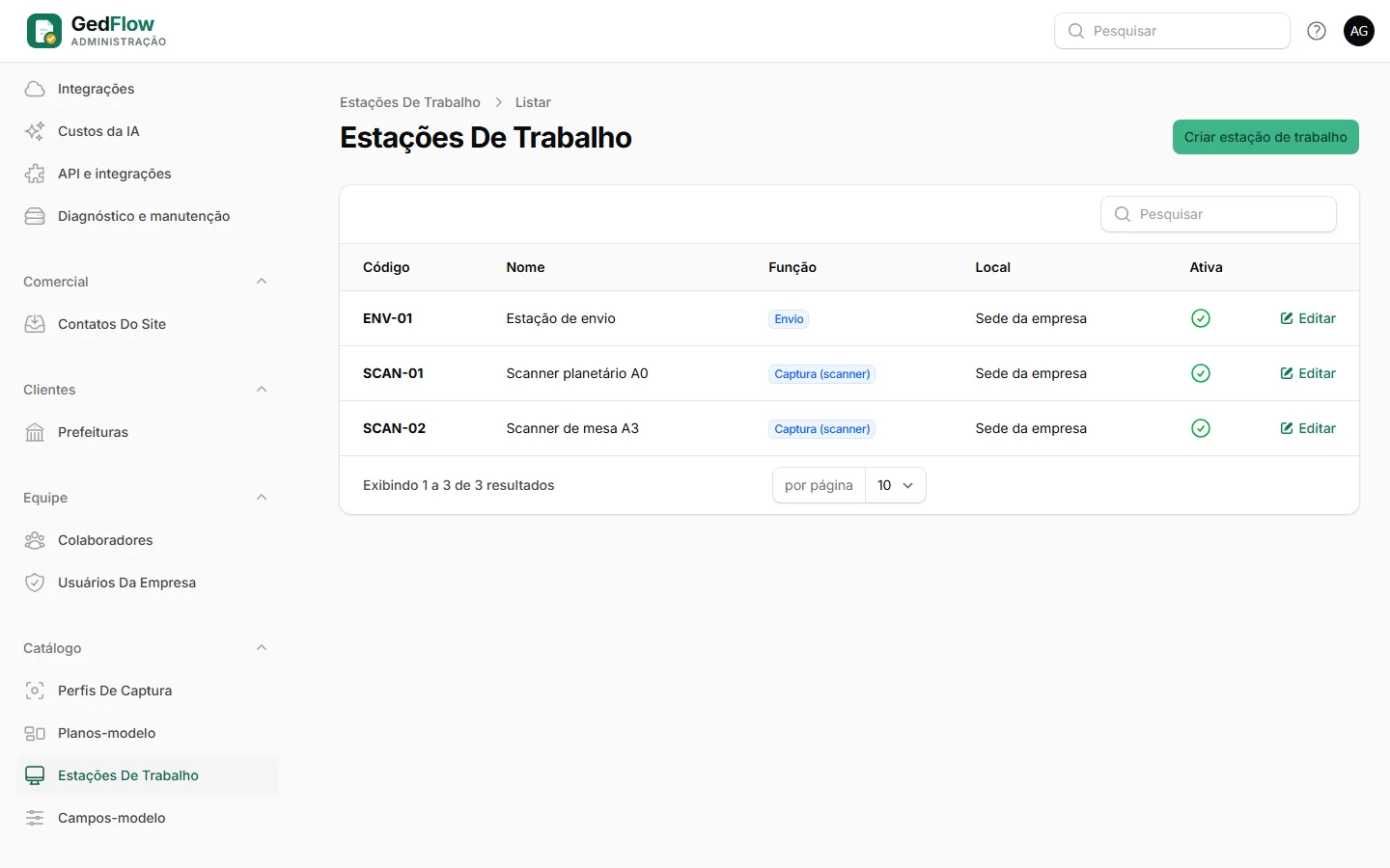 Lista de estações de trabalho