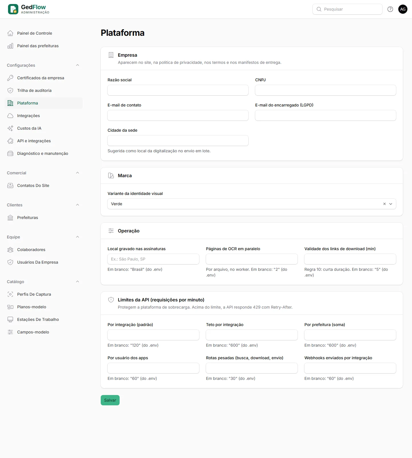 Configurações da plataforma