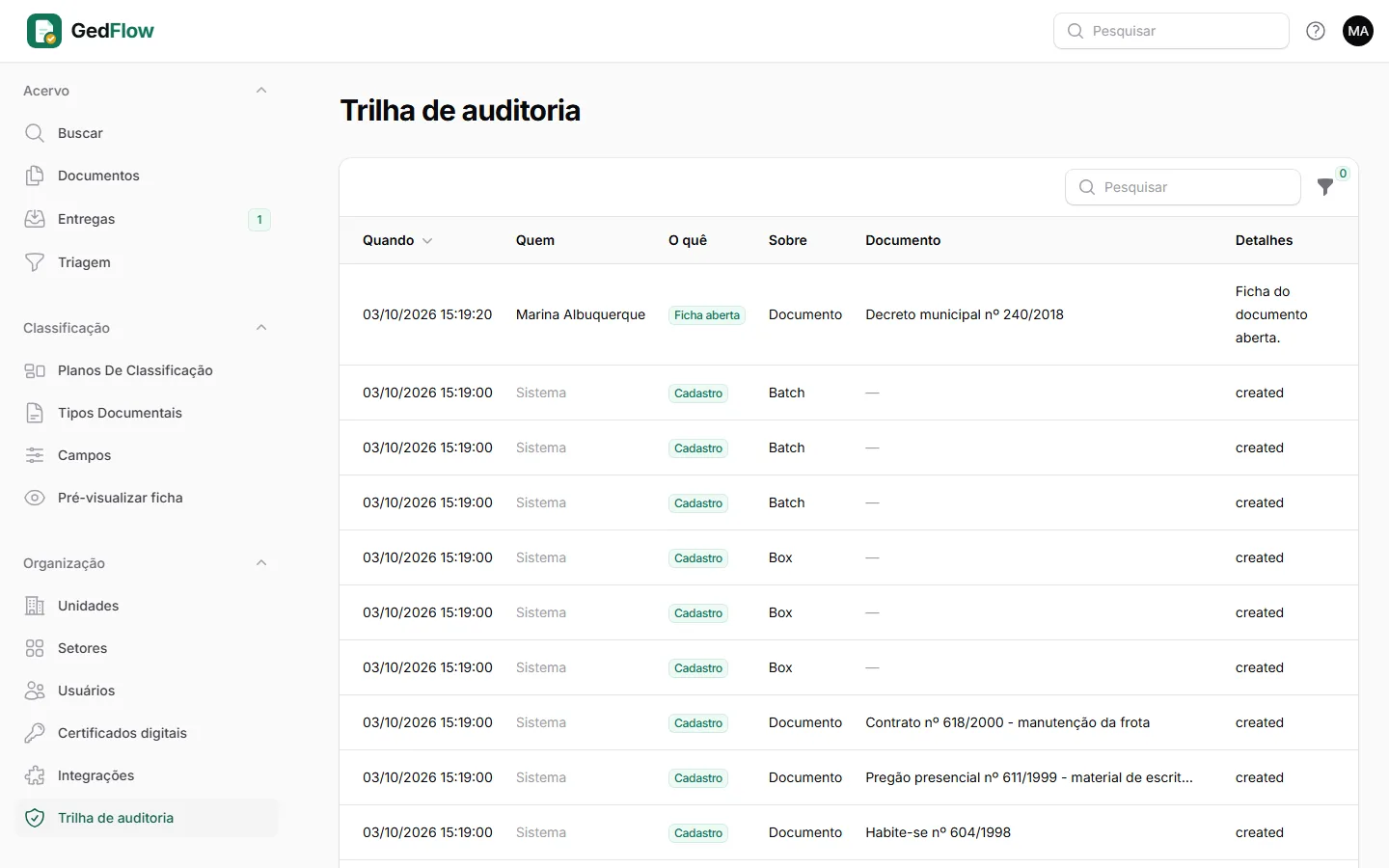 Trilha de auditoria da prefeitura