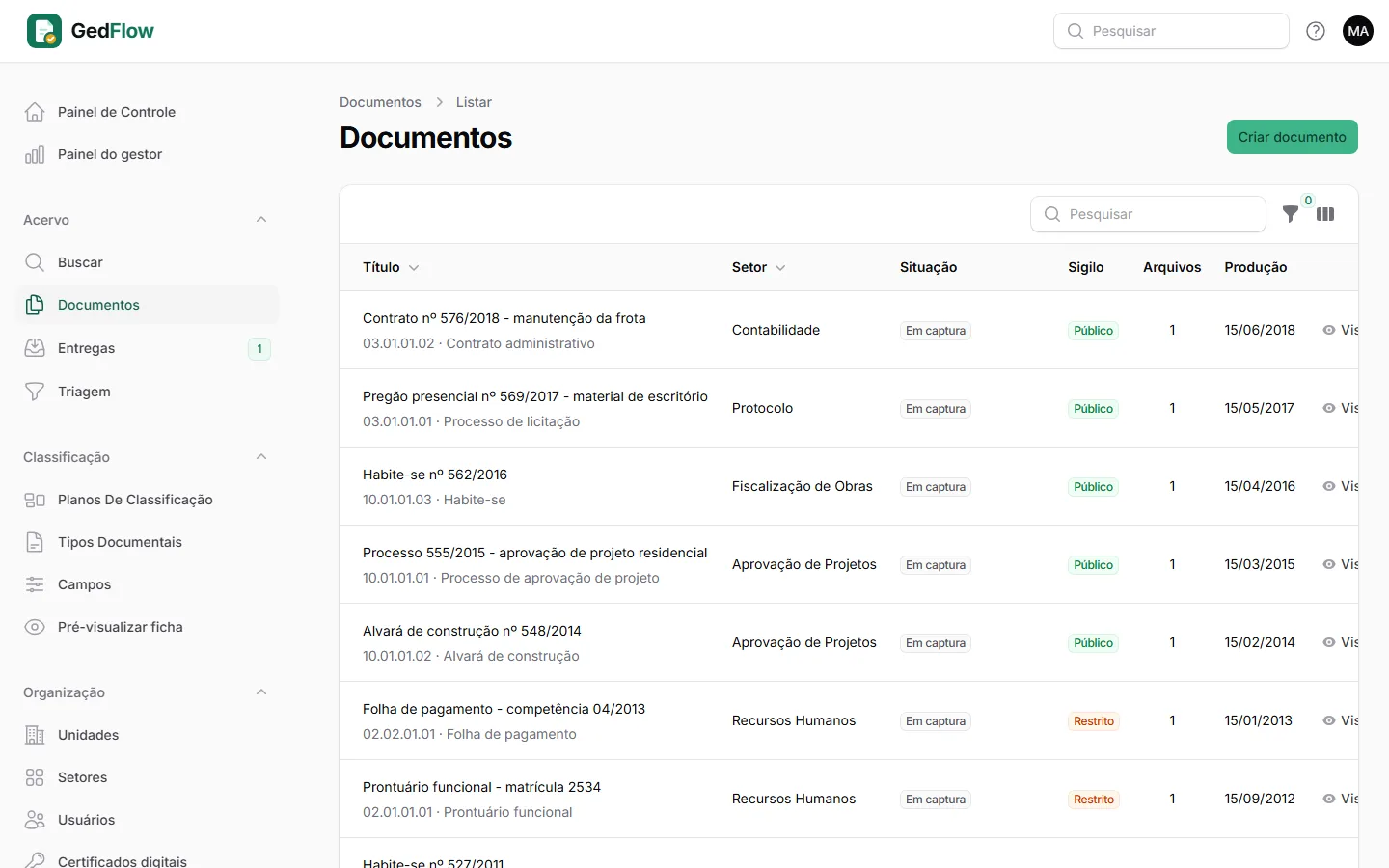Lista de documentos com filtros