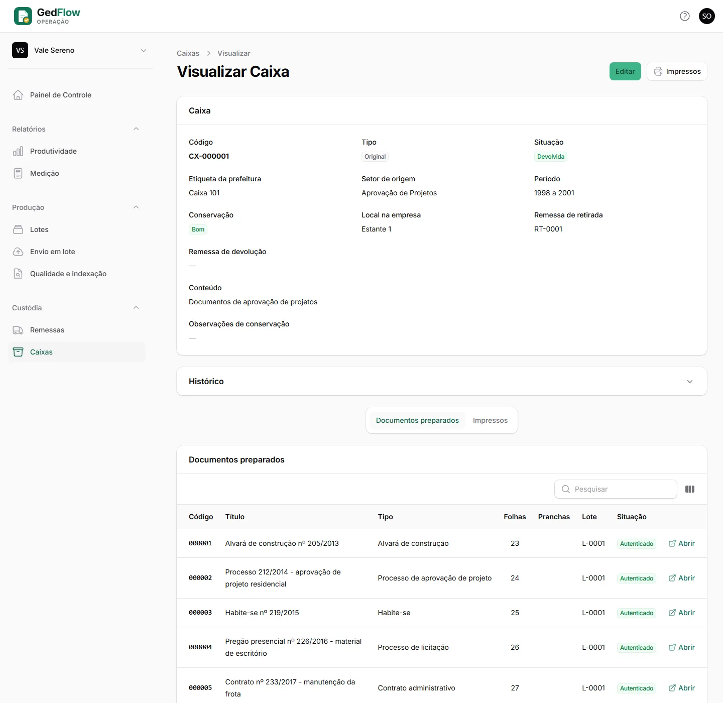 Uma caixa com os documentos