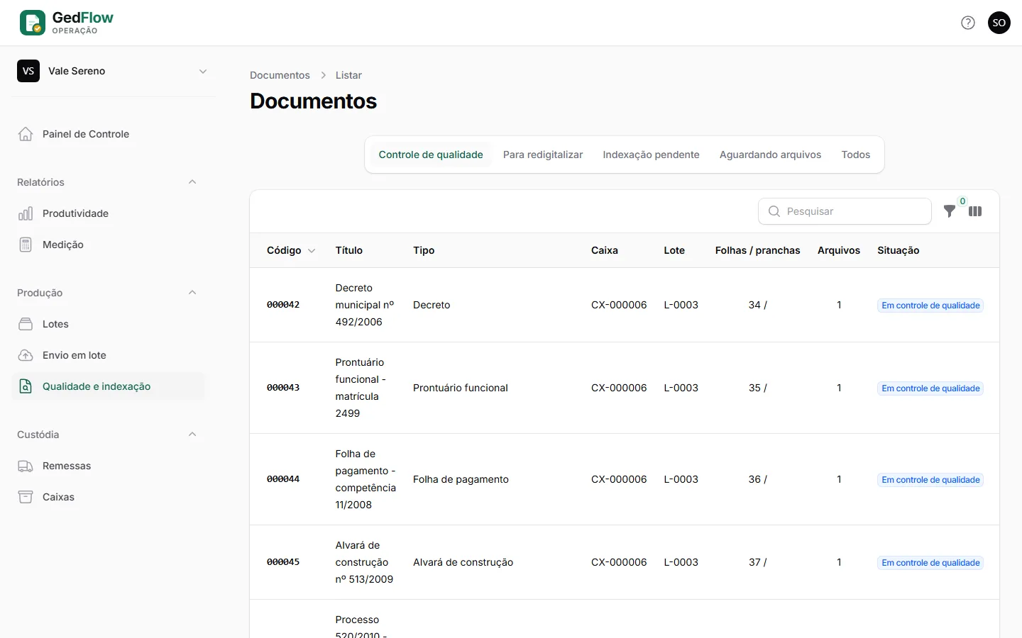 Documentos da operação, com abas por etapa